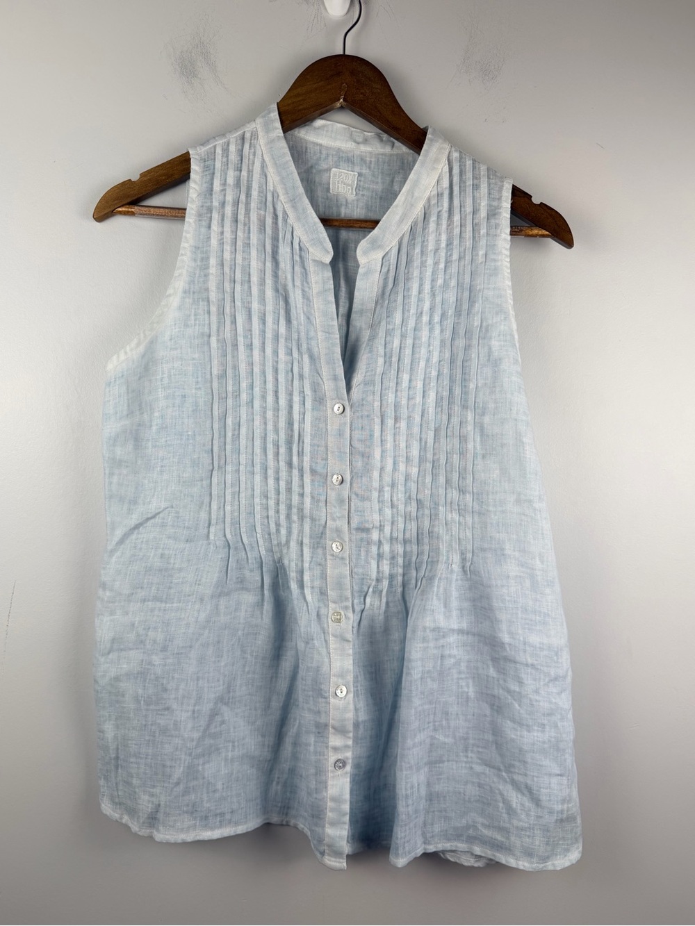120% Lino pale blue Sleeveless Linen Blouse with Pleated Front size small /IT 42